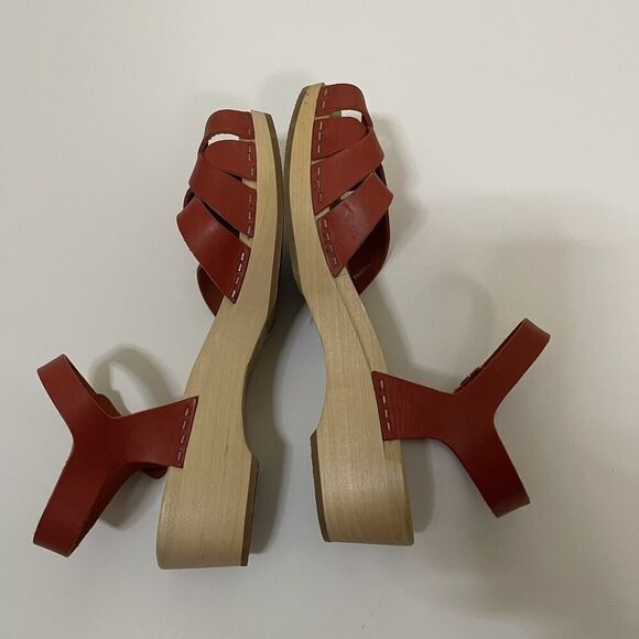 NWOB Swedish Hasbeens Magdalena Red braided leather wooden clog heels size eu 41 - Picture 2 of 10